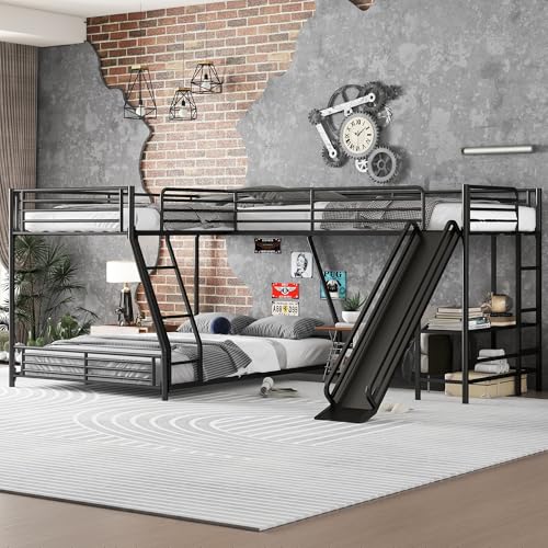 Bellemave Twin Over Full Bunk Bed Frame with Twin Size Loft Beds, Heavy Duty Triple Bunk Bed with Slide, Build in Ladder and Guardrail, L-Shaped Bunk Beds with Desk, Black Bellemave