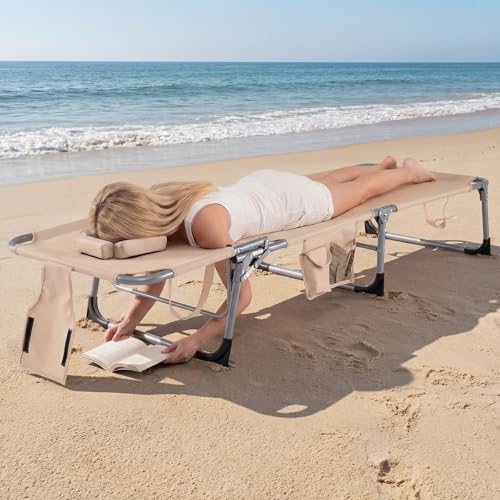 COSTWAY Tanning Chair with Face Hole, Folding Beach Lounge Chair with 4-Position Adjustable Backrest, Pillow & Side Pocket, Foldable Chaise Lounge Chair Outdoor for Sunbathing, Camping (1, Beige)