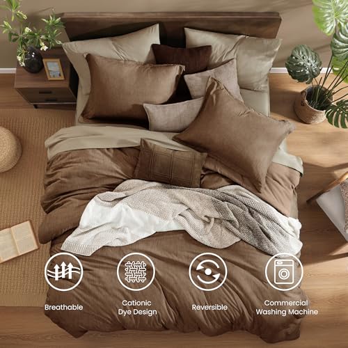 Monbix Queen Comforter Set - 7 Pieces Cationic Dyeing Brown Bed in a Bag Queen Bedding Sets with Comforter, Sheets, Pillowcases & Shams, Reversible Bedding Comforters Sets Monbix