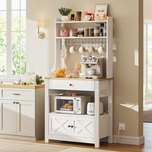 LIKIMIO Baker Rack with Power Outlet & Drawer, Coffee Bar Cabinet with Storage, Farmhouse Microwave Stand with Hutch and 5 Hooks for Kitchen, White LIKIMIO