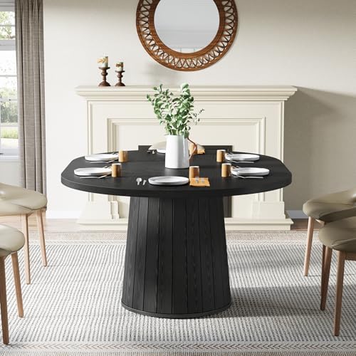 Tribesigns Oval Dining Table for 6 People, 55.11-Inch Farmhouse Kitchen Dinner Table with Cylindrical Pedestal (All Black) Tribesigns