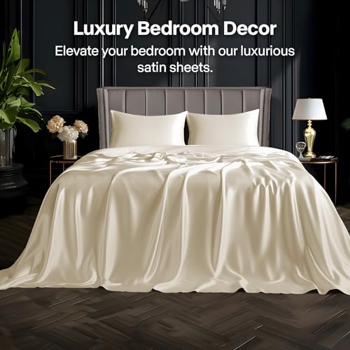 BEDELITE King Size Sheets Set, Luxury Soft Beige Satin Sheets for Hair and Skin, Similar to Silk Bed Sheets Set 4 Pieces with 1 Deep Pocket Fitted Sheet, 1 Flat Sheet, and 2 Pillowcases BEDELITE