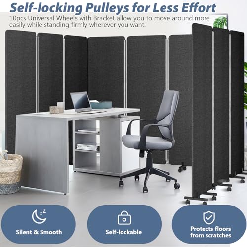 Room Divider Soundproof Privacy Panel with Wheels, 3 Panel Wall Divider (Aluminum Frame) for Room Partition, Folding Room Dividers Space Separation Office Cubicle Wall Divider Sound Proof Separator HOMSCREENER