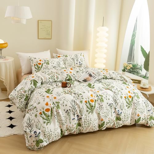 ECOCOTT 3 Pieces Floral Duvet Cover Sets King Size,100% Natural Cotton Floral Pattern 1 Duvet Cover with Zipper and 2 Pillowcases, Ultra Soft and Easy Care Breathable Cozy Simple Style Bedding Set ECOCOTT