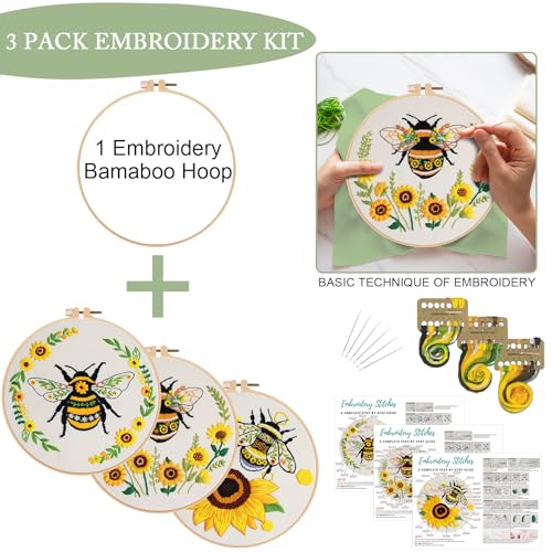 Nuberlic 3 Pack Embroidery Kit for Beginner Adults, Cross Stitch Set with Cute Bee Patterns, Includes Cloth, Hoops, Threads, Needles, Instructions