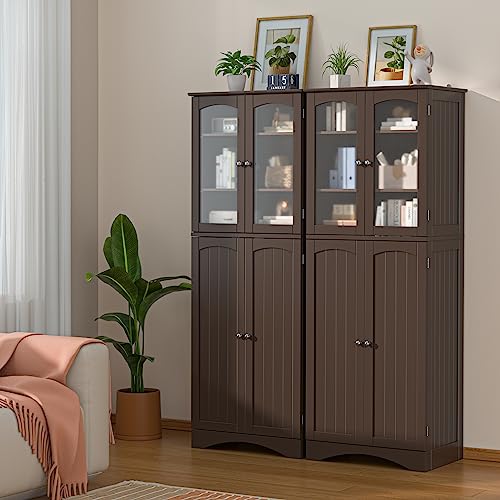 Gizoon 64" Kitchen Pantry Cabinet, Tall Storage Cabinet with Glass Doors and Adjustable Shelves, Freestanding Floor Cabinet Cupboard for Kitchen, Living Room, Dining Room (Dark Brown) Gizoon