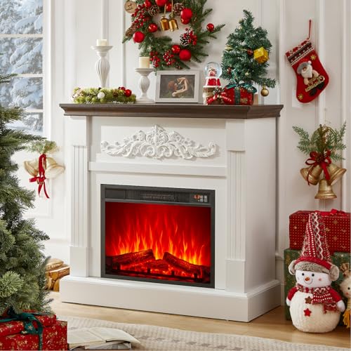 Electric Fireplace with Mantel, Farmhouse Electric Fireplaces TV Stand, Fireplace Entertainment Center with Heater and Realistic Stacked Stone Surround for Living Room, Bedroom HDDDZSW