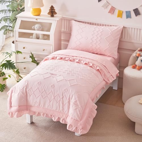 AIKASY Toddler Bedding Set 4 Pieces Super Soft Comforter Set, Shabby Boho Bohemian Design for Boys and Girls(Ruffle Fringe Comforter, Flat Sheet, Fitted Sheet and Pillowcase)- Coral Pink AIKASY