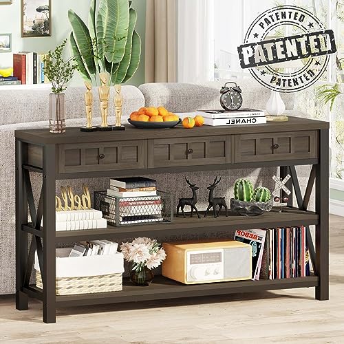 FATORRI Console Table with Storage for Entryway, Rustic Sofa Table with 3 Drawers for Living Room, Farmhouse Hallway Tables and Couch Tables Behind Sofa (54.72 Inch Long, Walnut Brown) FATORRI