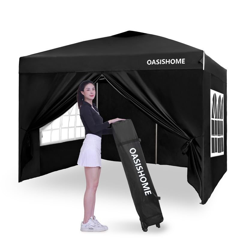 OASISHOME Pop-up Gazebo Instant Portable Canopy Tent 10'x10', with 4 Sidewalls, Windows, Wheeled Bag, for Patio/Outdoor/Wedding Parties and Events (10FTx10FT, Black) OASISHOME