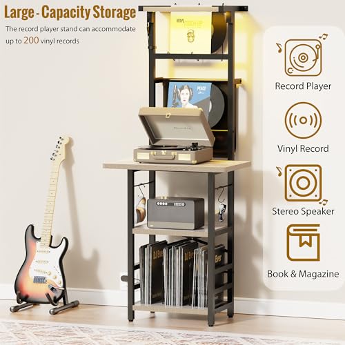YAKANJ Record Player Stand with Led Light,Record Player Table with Vinyl Storage,Turntable Stand with Record Holder Vinyls Display Shelf for Music Room Studio,Greige YAKANJ