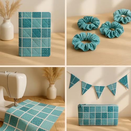 Cotton Satin Patchwork Fabric Panel – 35 Designs, 20×20 cm Squares, Single Piece 150×110 cm, Green Patchwork Quilt Fabric (Turquoise Waves Patchwork Set, 35pcs 8x8 inch) Fabricstown