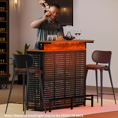 YITAHOME Rustic Brown Mini Home Bar Unit with Music-Sensing LED Lights and Storage Shelves YITAHOME