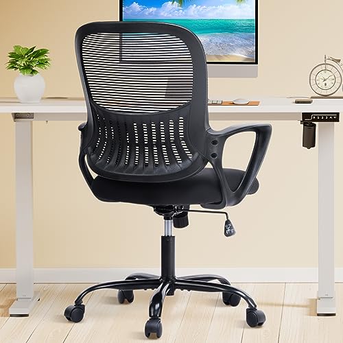 DUMOS Home Office Chair, Mid Back Computer Ergonomic Mesh Desk with Large Seat, Executive Height Adjustable Swivel Task with Lumbar Support and Armrest, for Adults, Black DUMOS