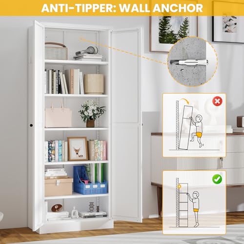Reegangfa 72" Metal Storage Cabinet, Large Capacity Pantry Cabinet with 6-Tier, Kitchen Storage Cabinet with 2 Doors and 5 Adjustable Shelves for Home, Kitchen, Dining, Living Room (White) Reegangfa