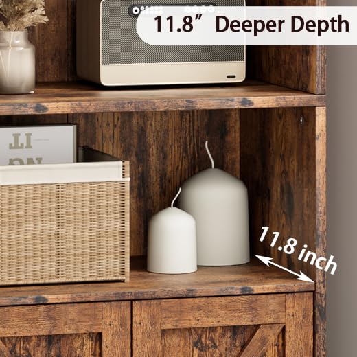 Garveehome Farmhouse Bookcase with Doors 11.8in Depth Display Storage Shelves 71.4in Tall Industrial Bookshelf Wooden 6 Shelf Bookshelves for Bedroom, Living Room, Home Office (Brown) GarveeHome