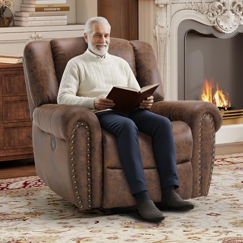 Bonzy Home Power Recliner Chair, Soft Faux Leather Recliner Chair with Thickened Padding and USB&Type-C Charging Ports, Classic Heavy Duty Single Reclining Sofa for Living Room, Nut Brown