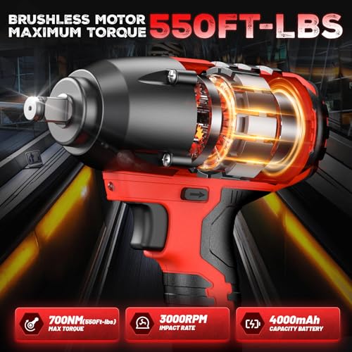Aiment Cordless Impact Wrench 1/2 inch, 550 Ft-lbs Max Torque(700 N.m), 21V 3000 RPM Brushless Power Impact Gun, 4.0 Ah Battery with Fast Charger, 6 Pcs Sockets, Electric Impact Driver for Car Home Aiment