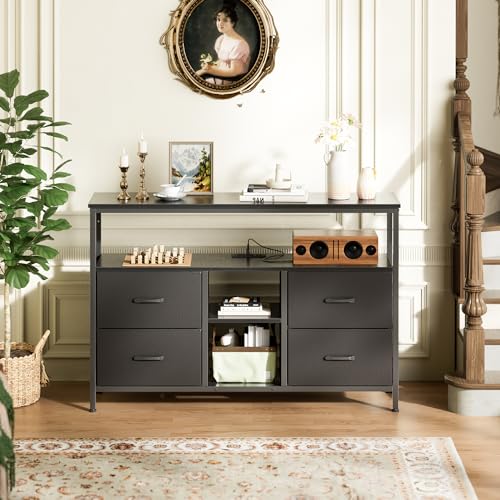 Huuger TV Stand Dresser with Power Outlets and LED Lights, 4 Drawers Entertainment Center with Open Shelf, Media Console for 50 43 Inch TV, Dresser with PU Finish, Black Huuger