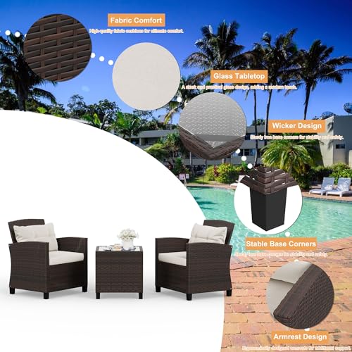Shintenchi 3 Pieces Patio Furniture Set 3 Pieces PE Rattan Wicker Chairs with Table Outdoor Furniture for Backyard/Garden/Poolside/Outdoor Restaurant Brown Rattan with White Cushion Shintenchi
