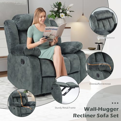 INZOY Manual Recliner Chair with Padded Armrest, Wall-Hugger Single Sofa Recliners with Overstuffed Back, Classical Fabric Reclining Chairs for Living Room Theater Seating, Grey