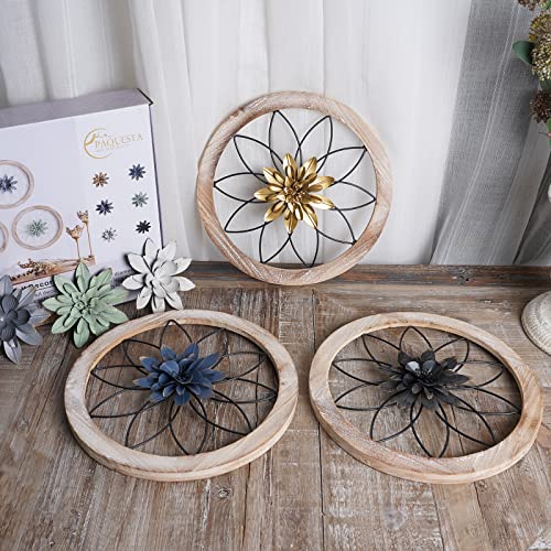 Paquesta 3 Piece Round Farmhouse Wall Decor with 6 Piece Interchangeable Flowers 12'' Medallion Wood & Metal Rustic Wall Art for Living Room Bedroom Kitchen Bathroom Dining Room Home Decorations Paquesta