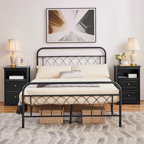 Yaheetech Nightstand Set of 2, Wooden Bedside Tables with 2 Drawer and Cubby, 2Pcs Tall Nightstand for Bedroom Small Space, Bedside Cabinet Telephone Table, 19″ L × 16″ W × 29″ H, Black Yaheetech