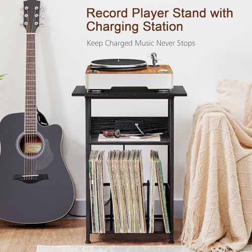 AMHANCIBLE Record Player Stand with Charging Station, Large Turntable Stand with Storage Cabinet, 3 Tier End Table Hold Up to 100 Albums, Record Stand for Vinyl, Living Room, Black, HETCD012BK-1 AMHANCIBLE