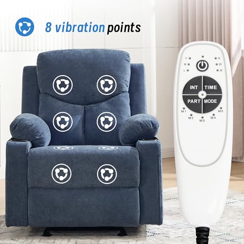 Sftaiyou Manual Rocker Recliner Chair for Adults with Massage, Overstuffed Glider Rocking Chair with Cup Holders and Pockets for Living Room, Reclining Sofa Chair for Bedroom Nursery,Navy Blue