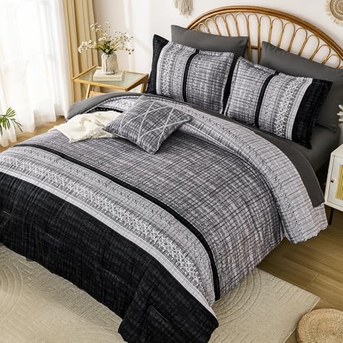 Dintszyayue Black Comforter Set Queen Size, 8 Pieces Boho Striped Bed in a Bag Soft Microfiber Bedding Set for All Season Dintszyayue