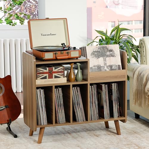 UODERS Record Player Stand, Large Record Player Table Cabinet with Open Vinyl Storage and Display Shelf Holds up to 350 Albums, Mid Century Wood Turntable for Living Room, Bedroom (Walnut) UODERS