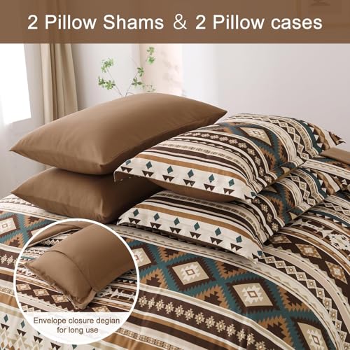 Dinjoy Boho King Size Bed in A Bag 7 Pieces,Brown/Coffee Comforter Set Aztec Striped Fall Bedding Set Bohemian Patchwork Complete Set Geometric Pattern Comforters for Women Men 90"×104" Dinjoy