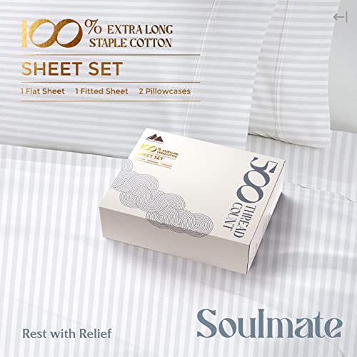 Mayfair Linen 100% Cotton Striped Sheets King Size Bed Set - 500 Thread Count Damask Sheets King Size 4 PC Set (White Stripe), Soft, Cooling, Sateen Weave Hotel-Quality 16" Deep Pocket Bedsheet Mayfair Linen
