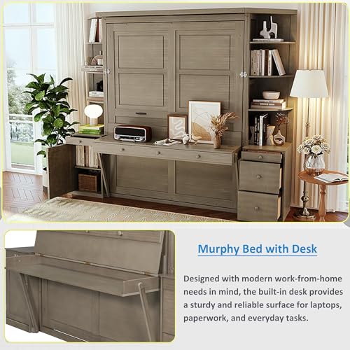 Merax Queen Size Murphy Bed with Desk and LED Light,Wall Bed Frame Folding into Cabinet Design w/Storage Shelf for Small Space,Bedroom,Guest Room,Rustic Brown Merax