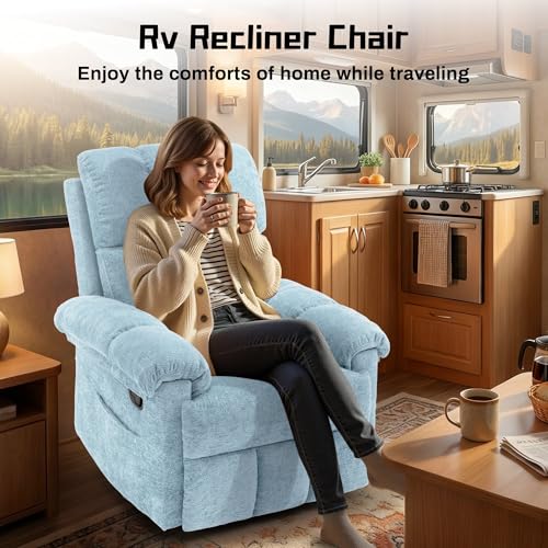 Korser Recliner Chair, Swivel Rocker Recliner Chair for Adults, Small Recliners for Small Spaces, Manual Recliner with Side Pockets, Upholstered Nursery Rocking Chair for Living Room, Chenille, Blue