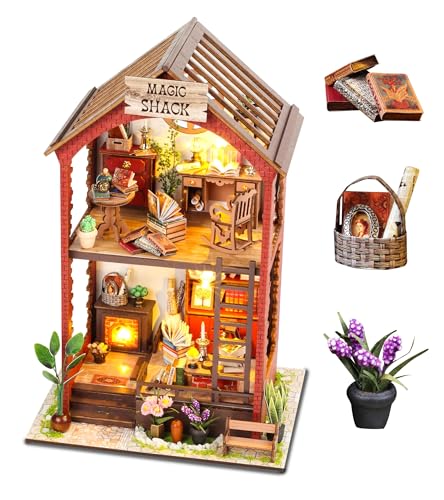 DIY Book Nook Kit, Miniature Dollhouse Booknook Kit with Light, 3D Wooden Puzzle Bookend Bookshelf Decor for Adults, Library