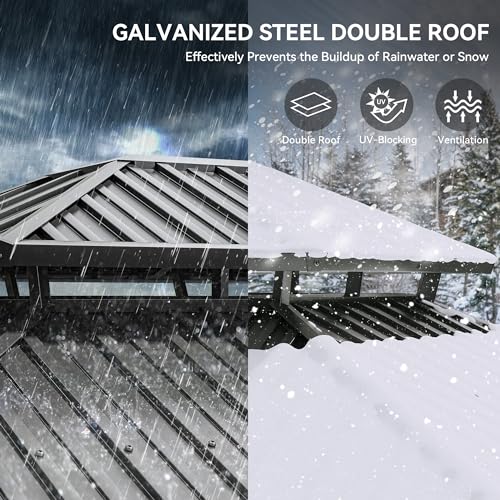 YITAHOME 12x16ft Hardtop Gazebo with Nettings and Curtains, Heavy Duty Double Roof Galvanized Steel Outdoor Combined of Vertical Stripes Roof for Patio, Backyard, Deck, Lawns, Gray YITAHOME