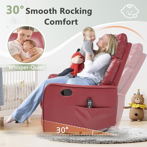 cinkehome Heated Massage Swivel Rocker Recliner Chair for Nursery - Small Space Reclining Chair with Lumbar Support, 360° Swivel & Gentle Rocking, Ergonomic High Back Faux Leather Red