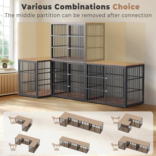 Lyromix 94.48'' Dog Crate Furniture Large Breed TV Stand with Double Rooms,Wooden Dog Kennel Dog Crate End Table with Removable Divider for Large Medium Dogs, Can Use Separately Lyromix