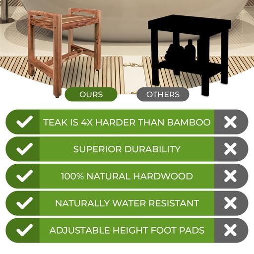 EcoDecors, Eleganto, 20", Teak Shower Bench, Teak Shower Stool, Safety Arms, Shower Seat, Teak Shower Seat, Shower Transfer Bench, Teak Shower for Inside Shower EcoDecors