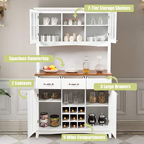 Giantex Buffet Hutch Cabinet, Kitchen Hutch Sideboard, Buffet Cabinet on Storage Island, Wood Kitchenware Server with 3 Large Drawers and 9 Wine Bottle Modules (White) Giantex