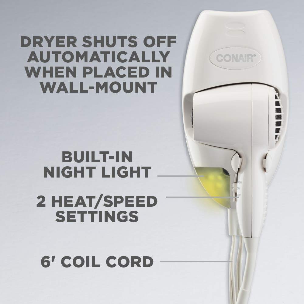 Conair Wall-Mount Hair Dryer, 1600W Hair Dryer with LED Night Light, Wall Mount Blow Dryer Conair