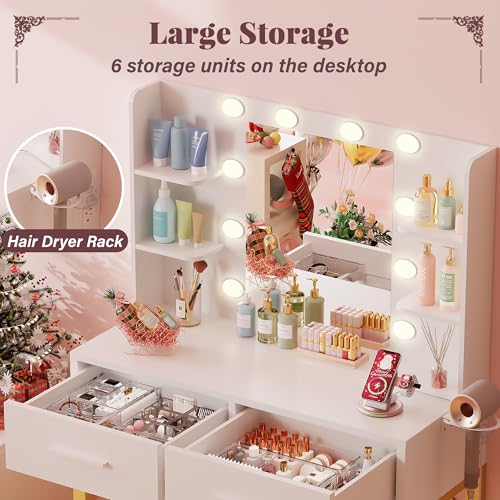 Furmax Vanity Desk with Mirror and LED Light Bulb, Small Makeup Vanity Table with Drawers, Dressing Table with Power Outlet and Hair Drayer Holder for Bedroom (White & Gold) Furmax
