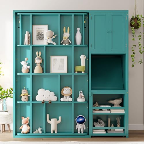 KALALLA Twin Size Rotating Wall Murphy Bed with Bookshelf, Top Cabinet, Horizontal Murphy Bed Frame with Extendable Desk & Side Storage, Space Saving, Boys Girls Kids Adults, Teal KALALLA