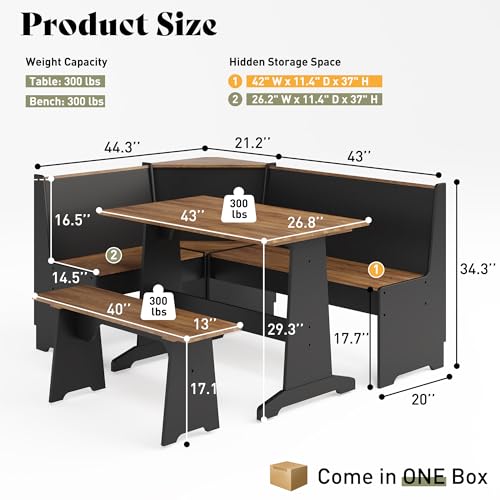 AMERLIFE 3-Piece Breakfast Nook Dining Set, L-Shaped Corner Bench with Hidden Storage, Space-Saving Kitchen Table Set for Small Spaces, Black & Oak AMERLIFE