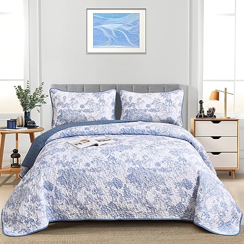 WONGS BEDDING Blue Quilt Set Queen Size, 3 Pieces Botanical Bedspreads Set Lightweight Microfiber Blue Toile Plants Pattern Coverlet Home Decor for All Seasons(96"×90") WONGS BEDDING