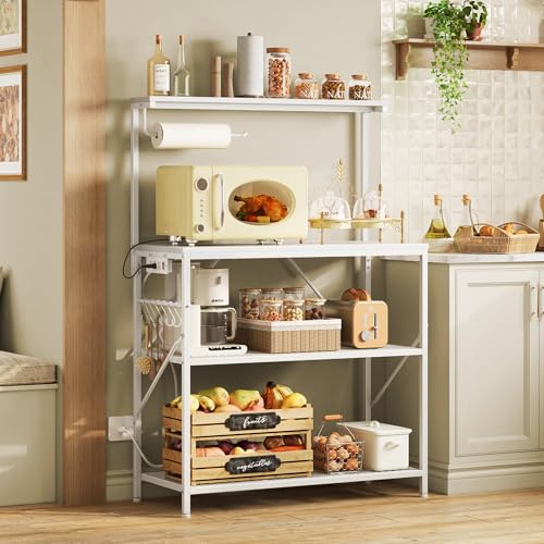 Huuger 4-Tier Bakers Rack with Reversible Power Outlet, 31.5 Inch Microwave Stand, Kitchen Coffee Bar, with Top Shelf, 6 S Hooks, White