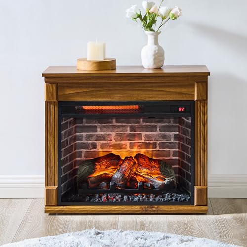 TEVUTEVU 28 inch TV Stand with Electric Fireplace, 1500W Heater & Remote Control, Mobile Entertainment Center with Wheels, 4 Adjustable Flame Settings,Timing Funcion, for Living Room,Dark Oak TEVUTEVU