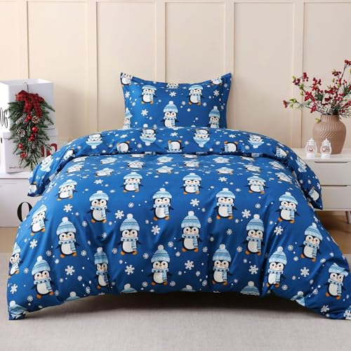 JSD Blue Penguin Snowflakes Kids Duvet Cover Set Twin Size, 2 Piece Printed Comforter Cover with Pillow Sham Zipper Closure, Comforter Not Included JSD