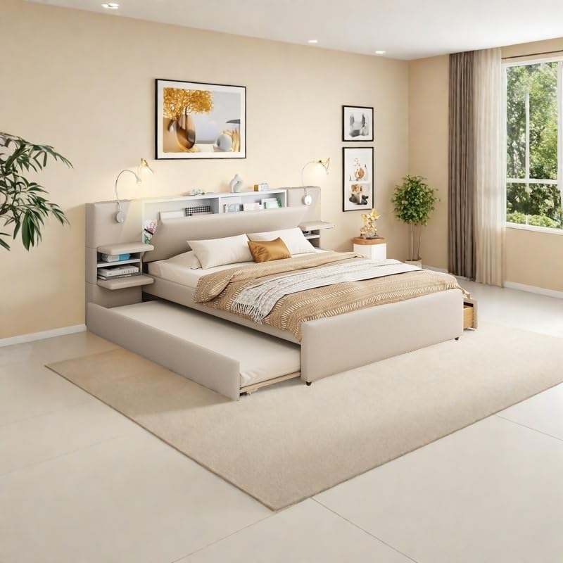 MaiDeHaoo Queen Size Upholstered Bed with with Trundle and 2 Storage Drawers, Luxury Queen Bed Frame with Storage Headboard and Reading Lights, Built-in Nightstands, Beige MaiDeHaoo